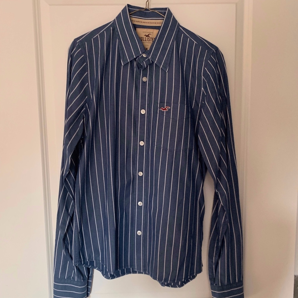 HOLLISTER Navy Blue/White Striped Button-Down
